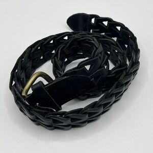 Ladder Weave Woven Leather Belt Solid Brass Buckle Women's Small Black Boho